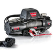Angled view of the WARN VR EVO 10-S 10,000 lb truck, Jeep, and SUV winch with 90 ft synthetic rope and hawse fairlead