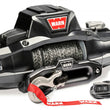 Angled view of the WARN ZEON XD 14-S 14,000 lb truck, Jeep, and SUV winch with 80 ft synthetic rope and hawse fairlead